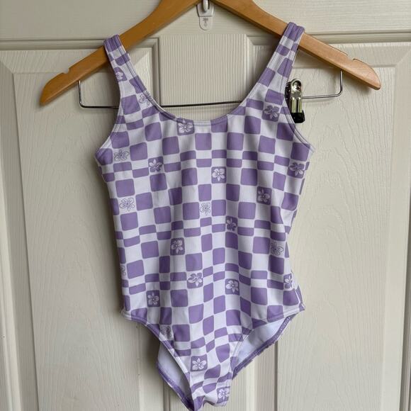 Roxy Girl Purple and White Checked One Piece Swimsuit - Picture 1 of 4